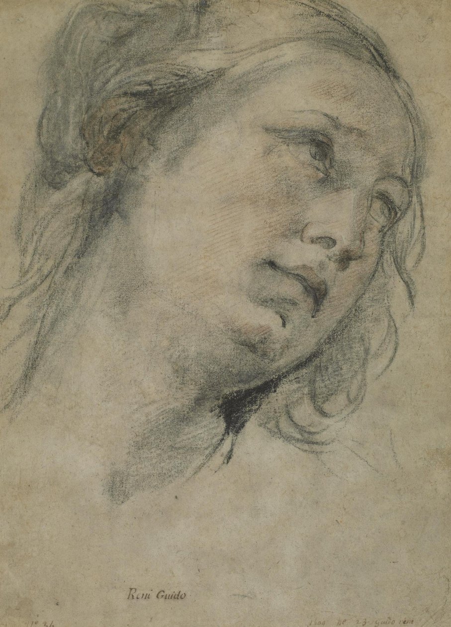 A cabeça de uma jovem mulher olhando para cima de Guido Reni