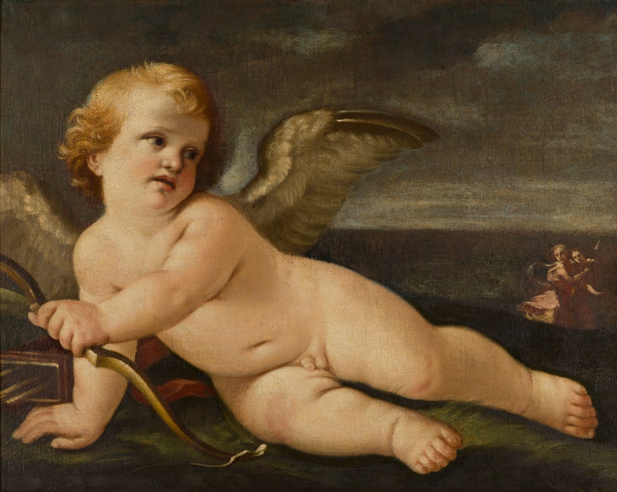 Cupido com seu arco, c.1595-1642 (óleo sobre tela) de Guido (follower of) Reni