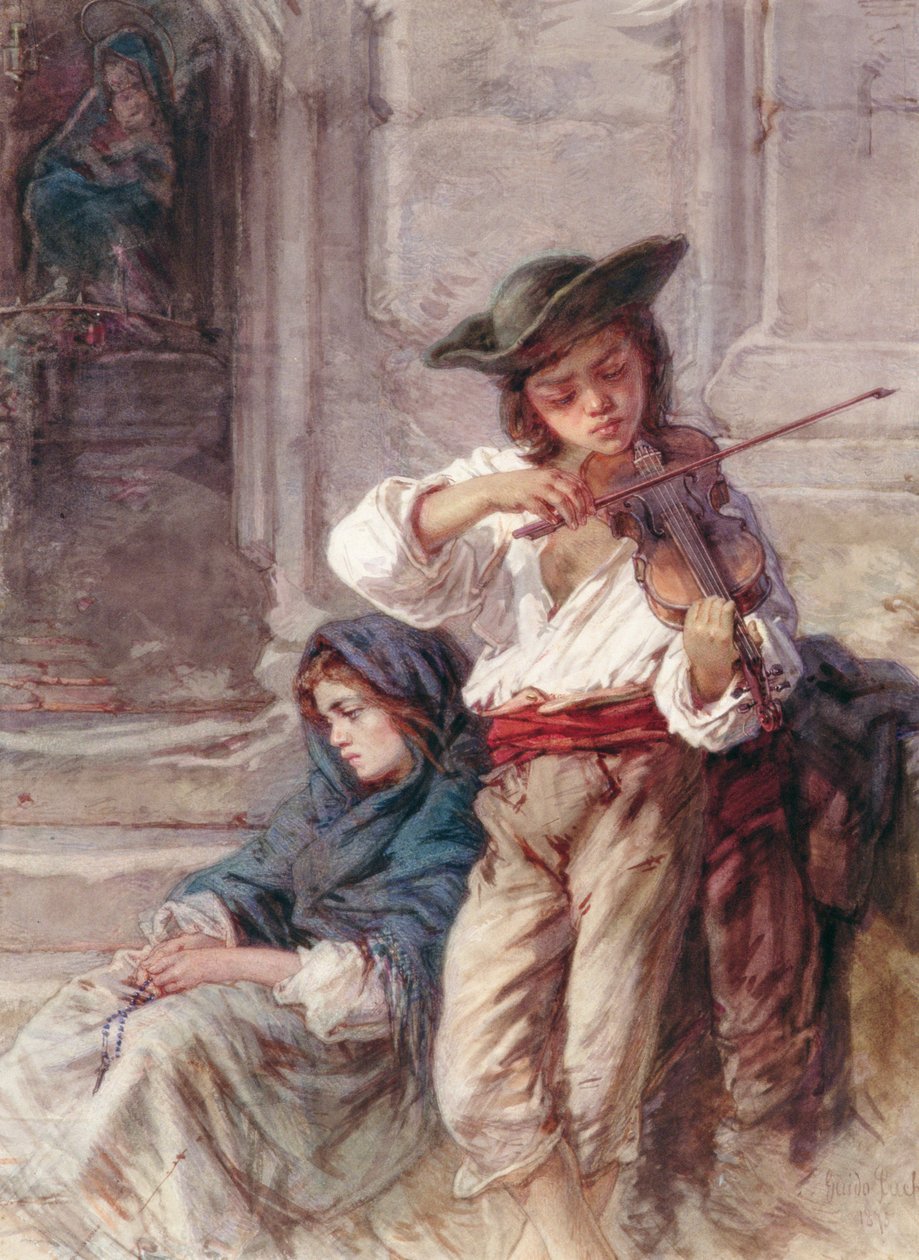 O jovem violinista, c.1880 (wc no papel) de Guido Bach