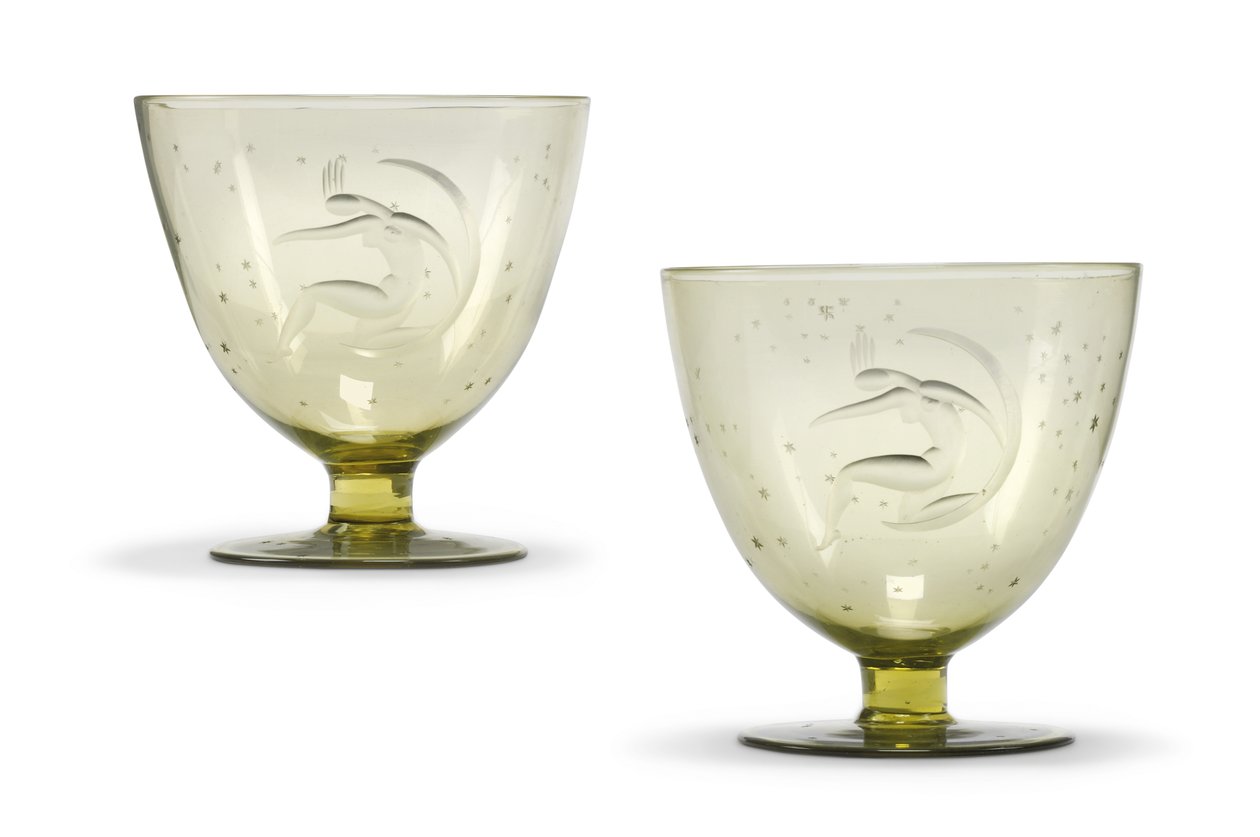 Dois cálices gravados em &39;La Luna&39; (A Lua), c.1930 (vidro soprado à mão) de Guido Balsamo Stella