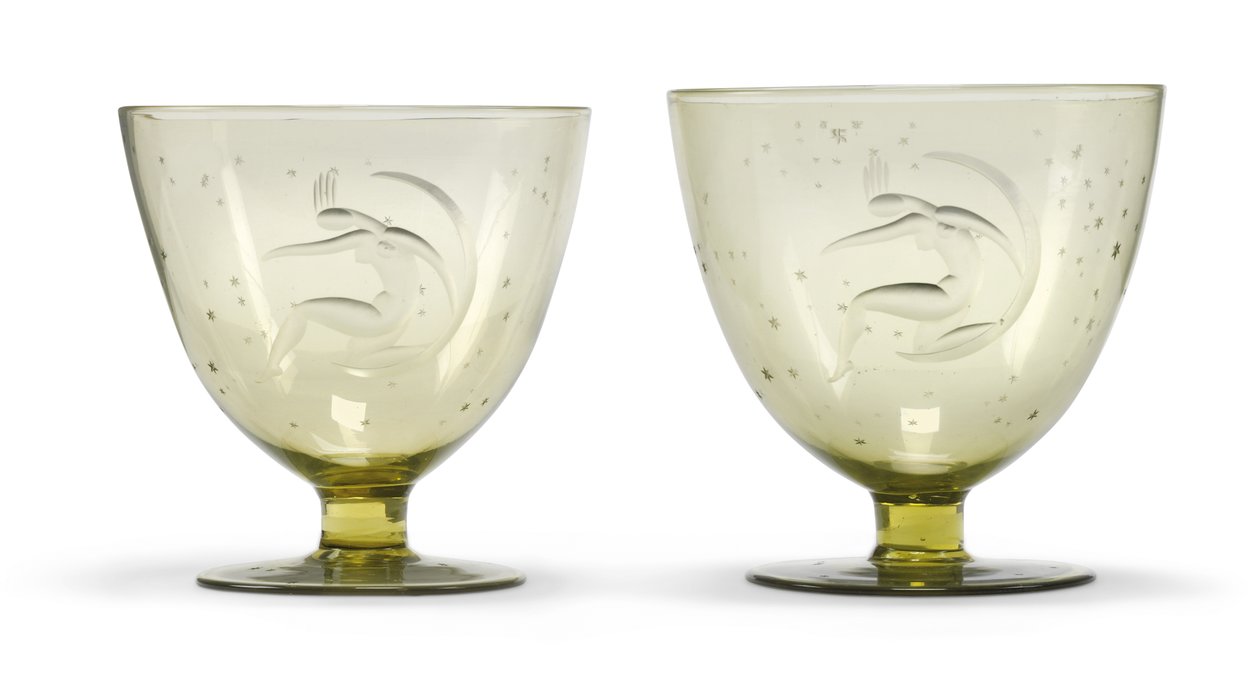 Dois cálices gravados em &39;La Luna&39; (A Lua), c.1930 (vidro soprado à mão) de Guido Balsamo Stella