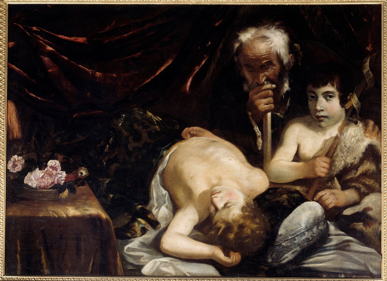 O menino adormecido Jesus com São João Batista e São José Pintura de Guido Cagnacci (1601-1681). 1630-1640. tamanho 0,94x1,31 m Chantilly, musee Conde de Guido Cagnacci
