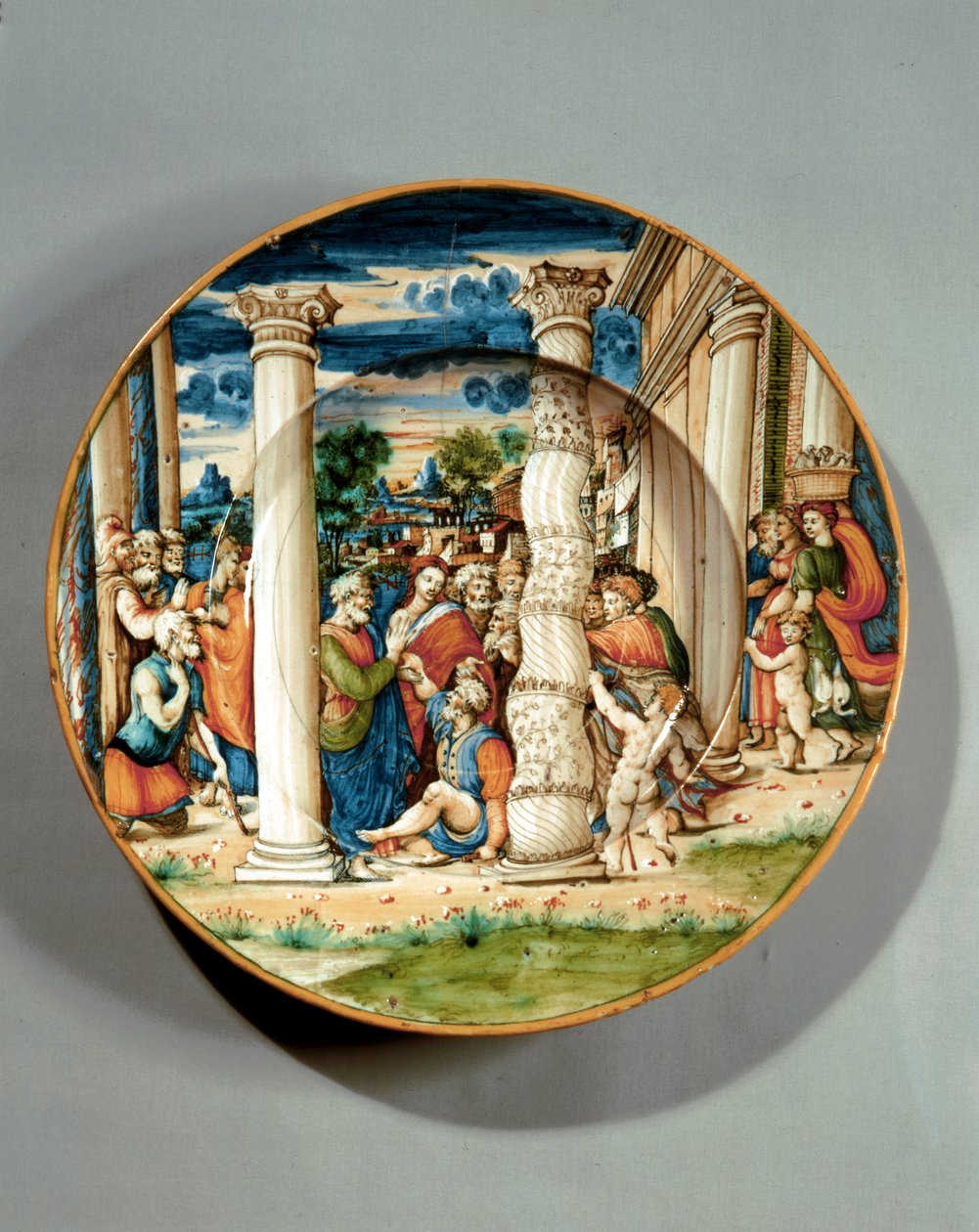 Prato representando S. Pedro e S. João a curar o coxo no Templo, c.1540-50 (maiólica) de Guido Di (workshop of) Merlino