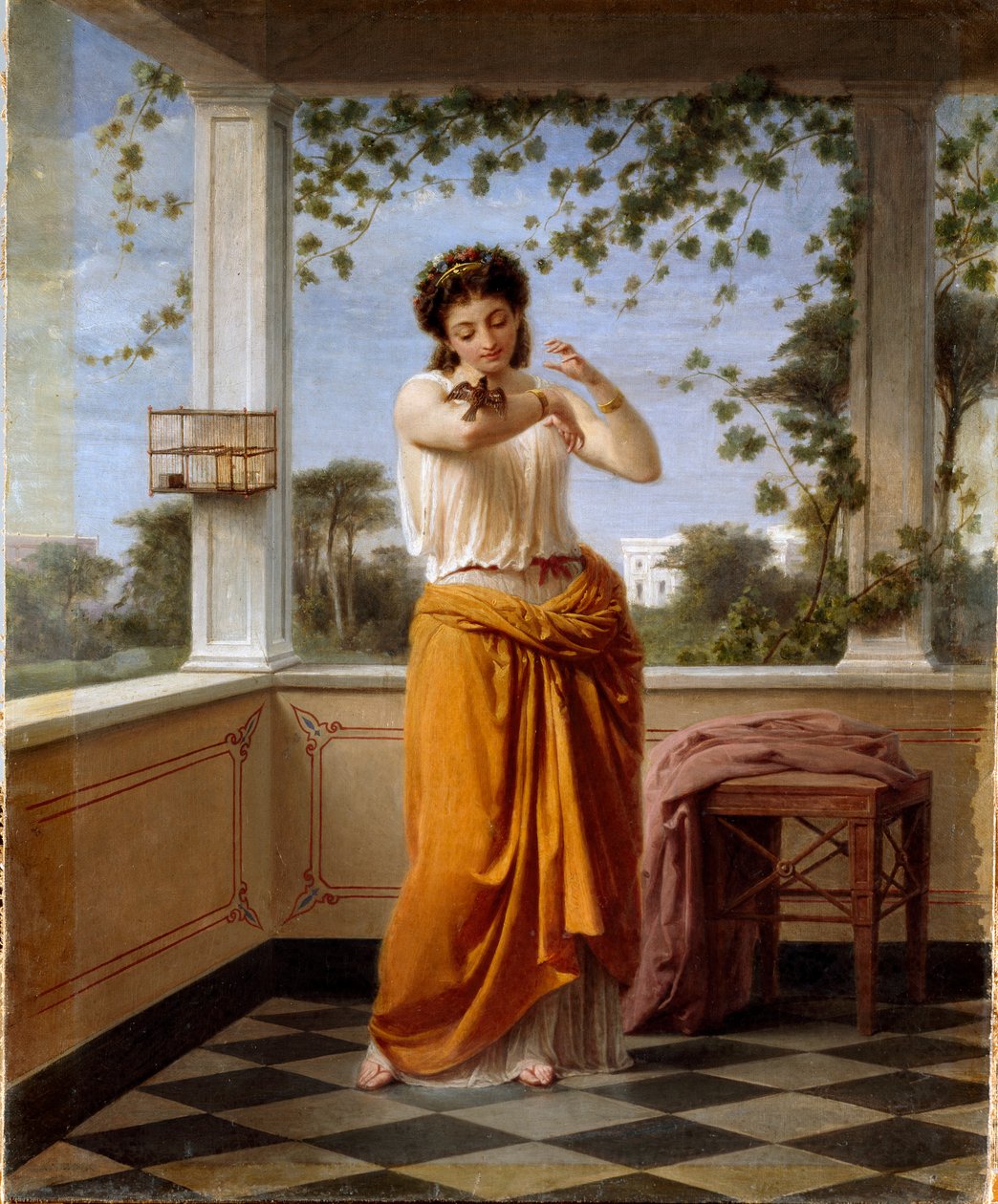 A jovem fugitiva com uma decoração neoclássica, um pequeno pássaro que foge da sua gaiola está empoleirado no seu braço. Pintura de Guido Gonin (1833-1906) Dim. 57x47 cm Genes Nervi, Galleria de Arte Moderna, inv. 102 de Guido Gonin