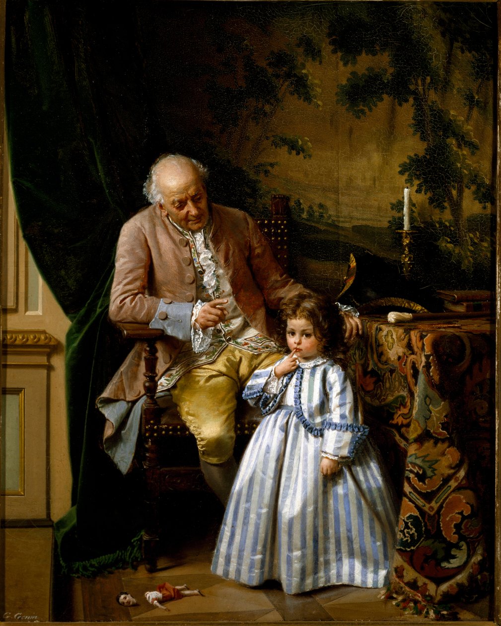 A reprimenda. Uma menina é repreendida porque ela partiu a boneca. O brinquedo caiu no chão. Pintura de Guido Gonin (1833-1906) de Guido Gonin