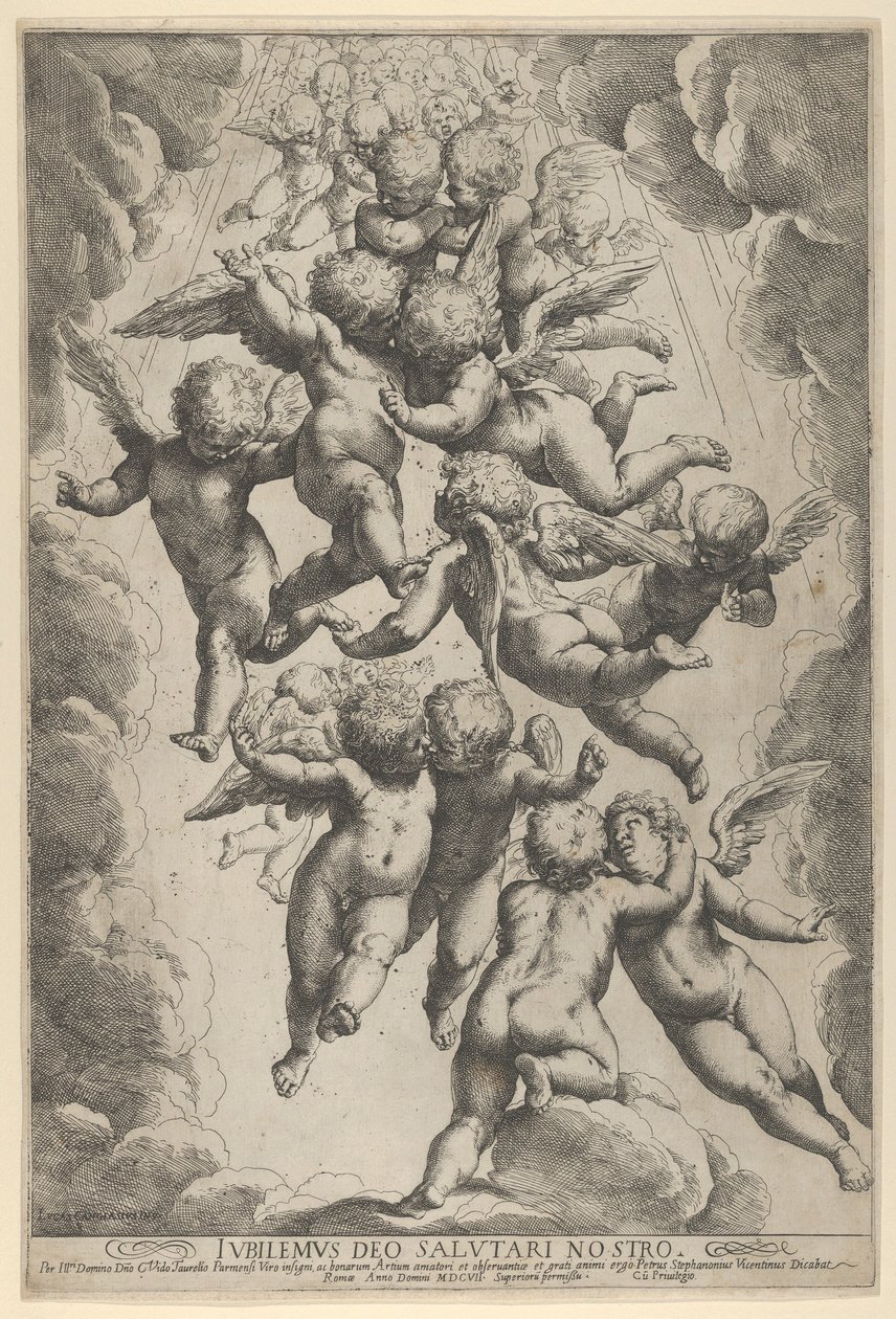 Um grupo de anjos abraçados em voo, emoldurados por nuvens, ca. 1607., c. 1607. de Guido Reni