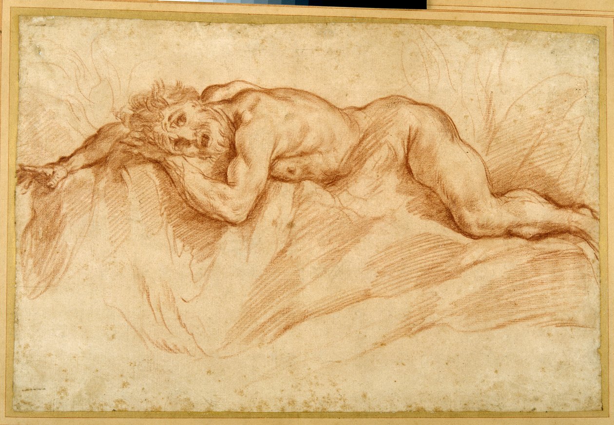 Um homem nu aterrorizado, propenso a um terreno rochoso (giz vermelho sobre papel) de Guido Reni