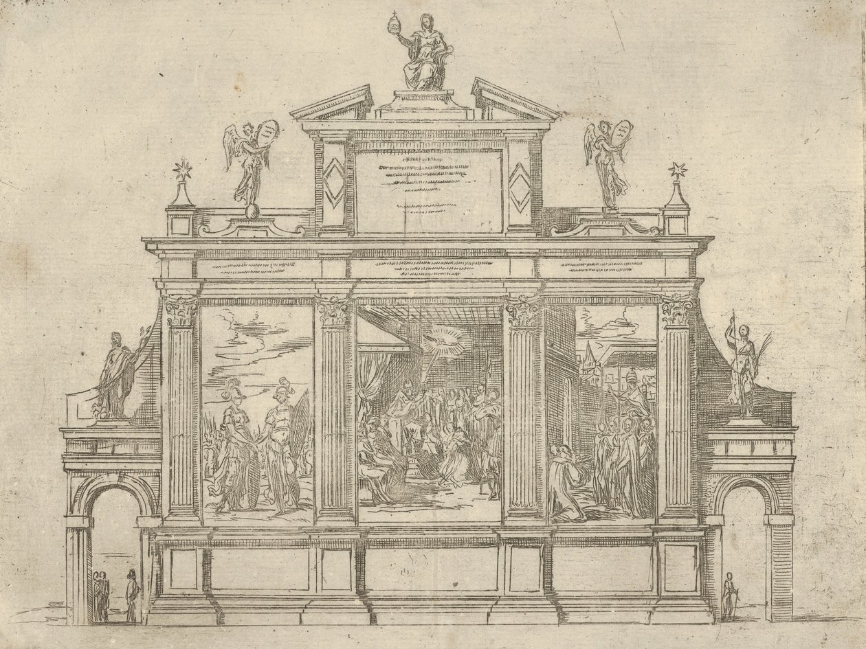 Fachada de um monumento triunfal com três cenas representando os feitos do Papa Clemente VIII, a t..., 1598. de Guido Reni