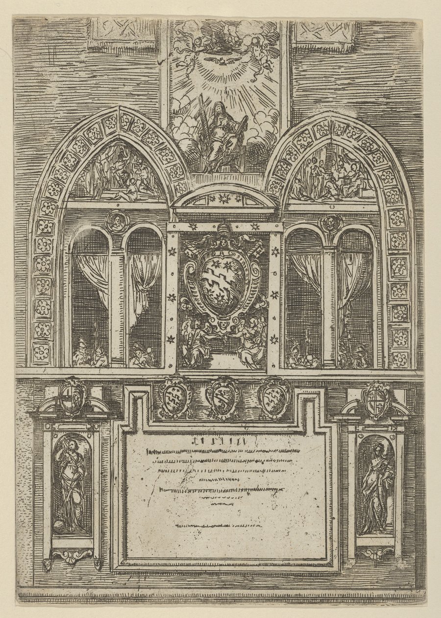 Fachada do Palazzo del Senato em Bolonha com as armas papais no centro, com temporária ..., 1598. de Guido Reni