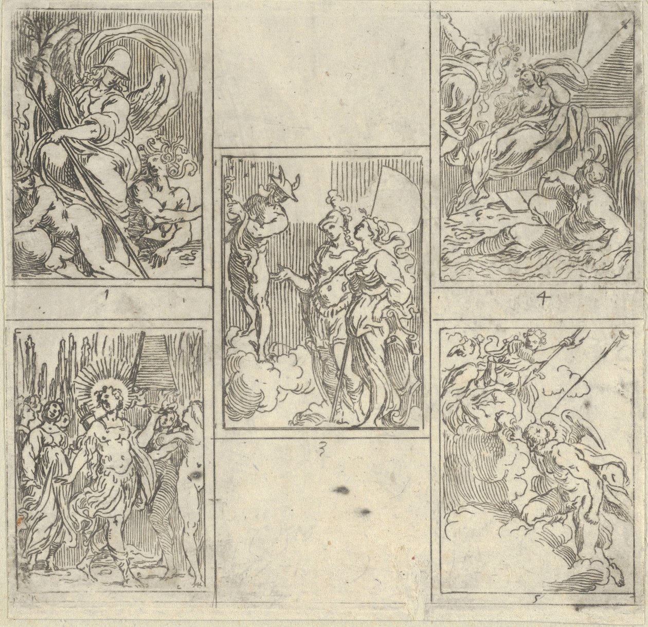 Cinco cenas numeradas, cada uma com um pintor da Accademia Degli Incamminati, de IL FUME..., 1603. de Guido Reni