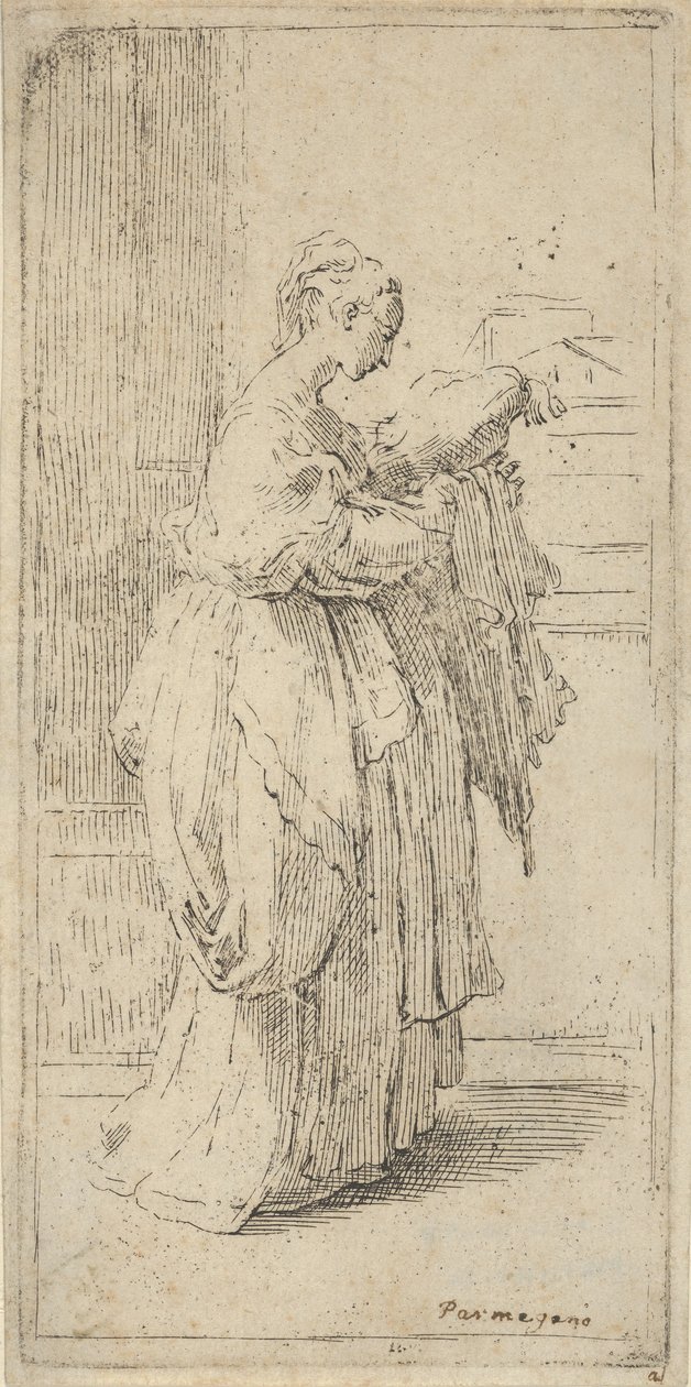 Menina carregando uma almofada, vista de perfil para a direita, 1590-1690. de Guido Reni