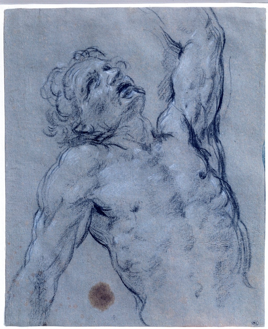 Meia figura de homem nu, vira para trás, fingindo sofrer Desenho de Pedra Negra de Guido Reni chamado O Guia (1573-1642). Sol 0,26x0,21 m Paris, musee du Louvre de Guido Reni