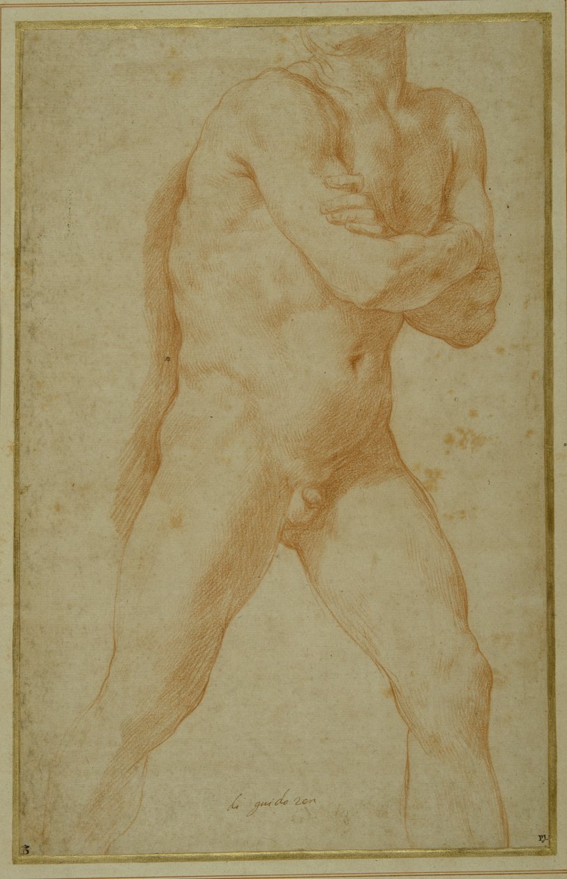 Homem nu a avançar, com os braços dobrados e olhando por cima deste ombro direito (giz vermelho sobre papel creme) de Guido Reni