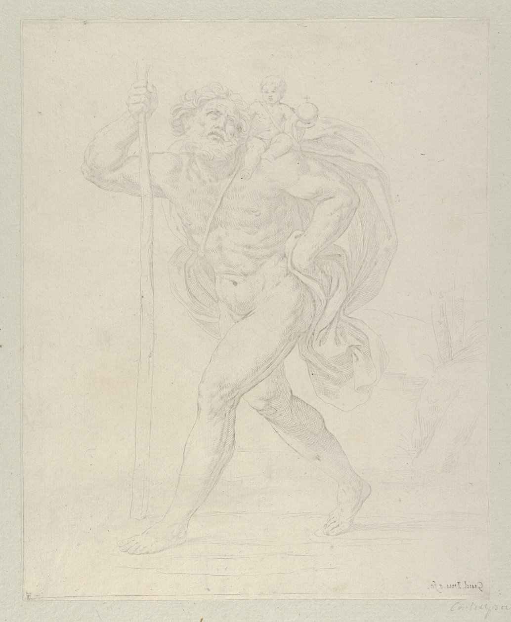 São Cristóvão caminhando com o Menino Jesus no ombro esquerdo, contrapro..., ca. 1600-1640. de Guido Reni