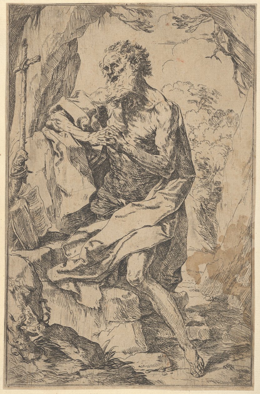 São Jerônimo ajoelhado sobre uma rocha em frente a uma cruz e um livro aberto para a esquerda,..., c. 1600-1640. de Guido Reni