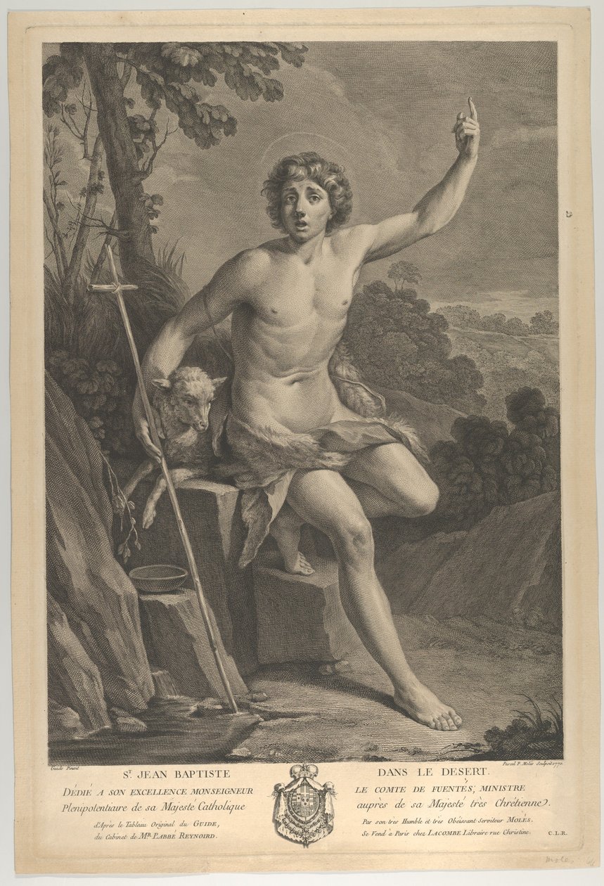 São João Batista no deserto, sentado em uma rocha e apontando para cima com a mão esquerda..., 1770 de Guido Reni