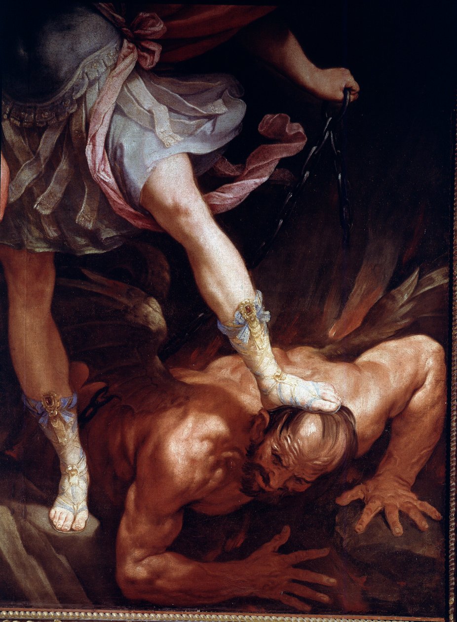 São Miguel esmaga a cabeça do demónio. Detalhe dos sapatos de sandália (Pintura de seda de Guido Reni
