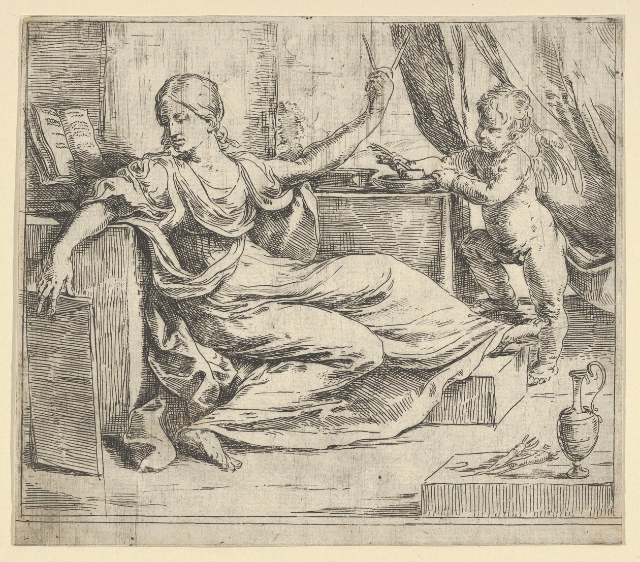 Mulher sentada segurando uma alegoria de aprendizagem de um tablet e bússola, um putto alado ..., ca. 1600-1640. de Guido Reni