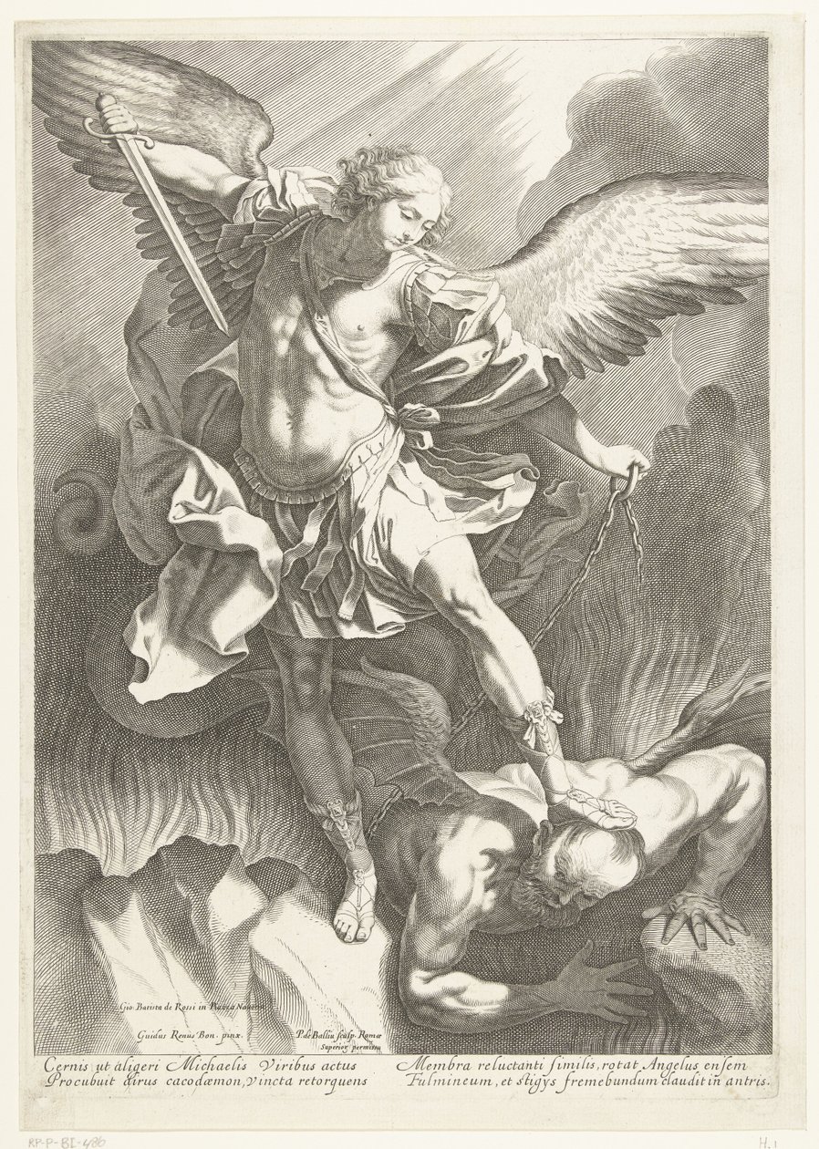 O Arcanjo São Miguel derrotando o Diabo, gravado por Pieter de Bailliu, 1623-60 de Guido Reni