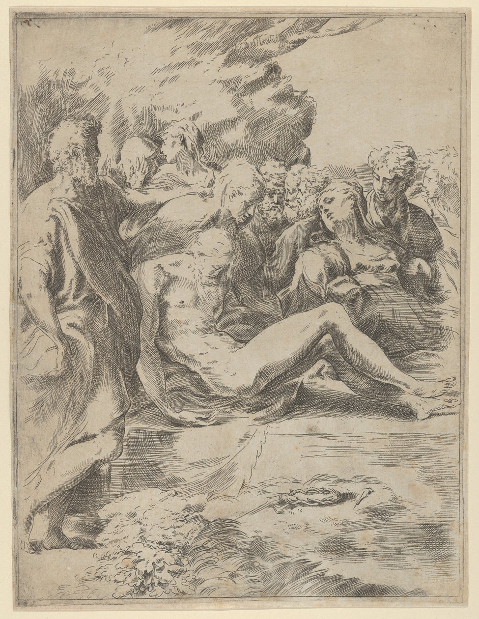 O Sepultamento, Cristo com as pernas estendidas, a Virgem à direita, 1590-1600. de Guido Reni