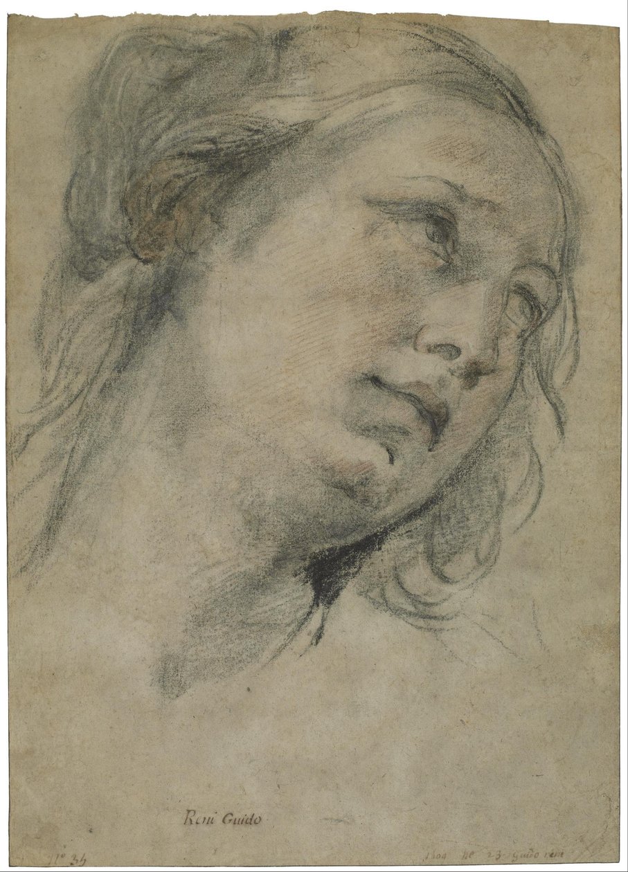 A cabeça de uma jovem mulher olhando para cima de Guido Reni