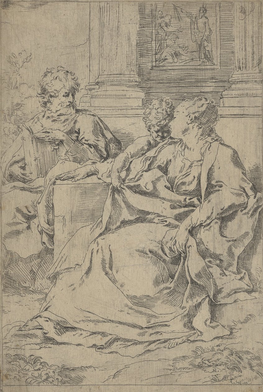 A Sagrada Família sentada junto a uma colunata, São José lendo e..., ca. 1590-1610. de Guido Reni