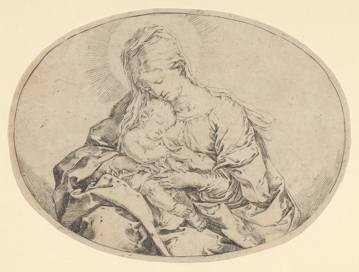 A Virgem segurando o menino Cristo, uma composição oval, ca. 1600-1640. de Guido Reni