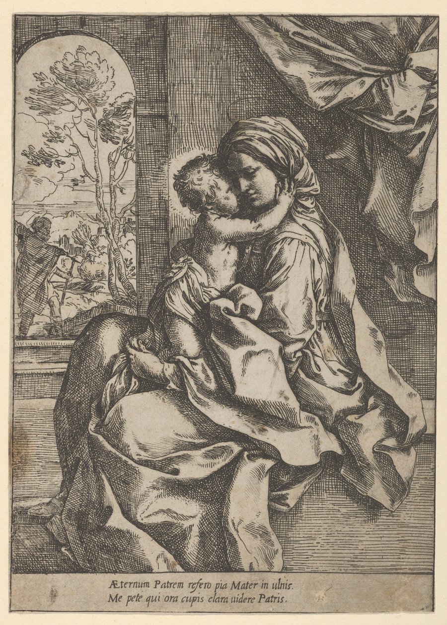 A Virgem sentada com o Menino Jesus no colo abraçando-a, José viu o..., ca. 1600-1613. de Guido Reni