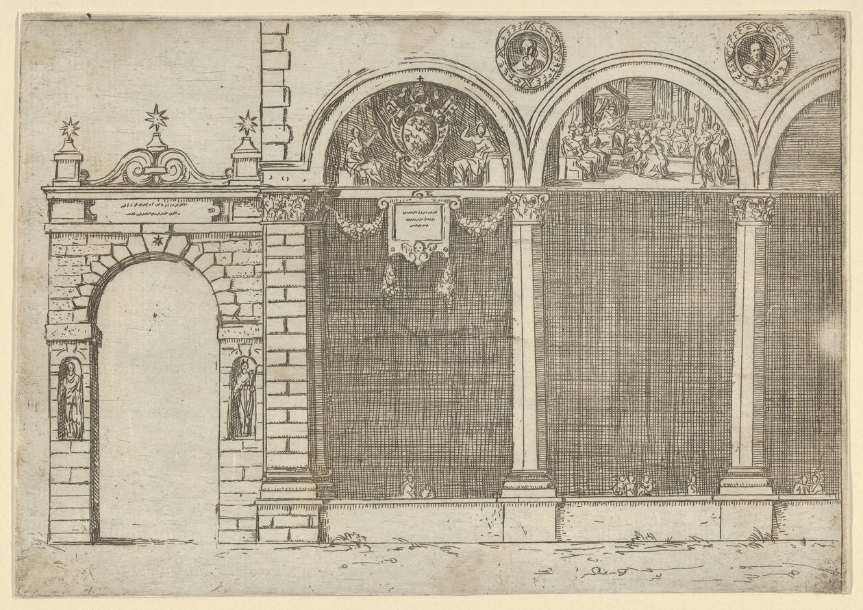 A arcada do palácio do Arcebispo de Bolonha com decorações temporárias para o e..., 1598. de Guido Reni