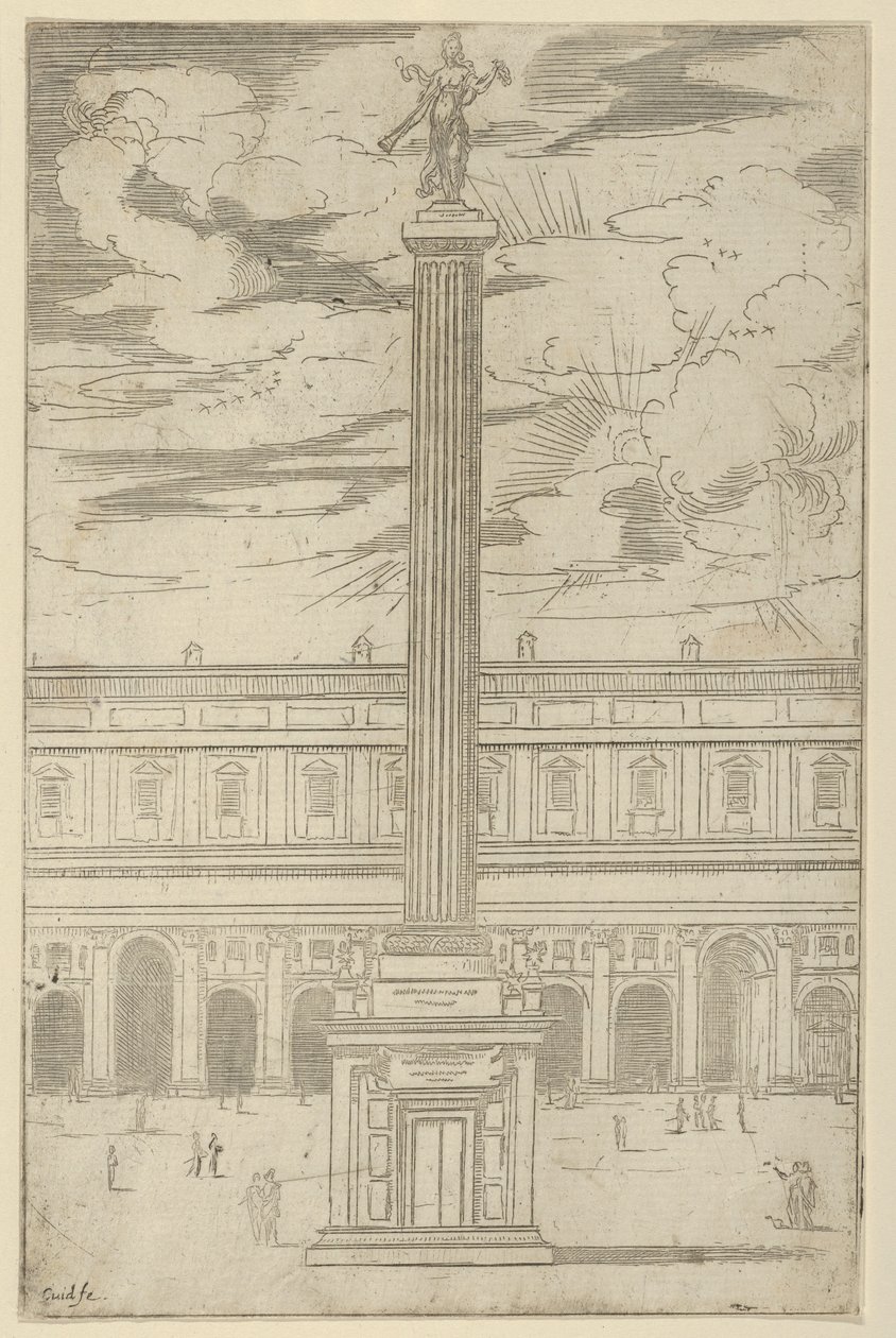 Coluna triunfal com figura feminina da Fama segurando trombeta no topo, decoração temporária..., 1598. de Guido Reni