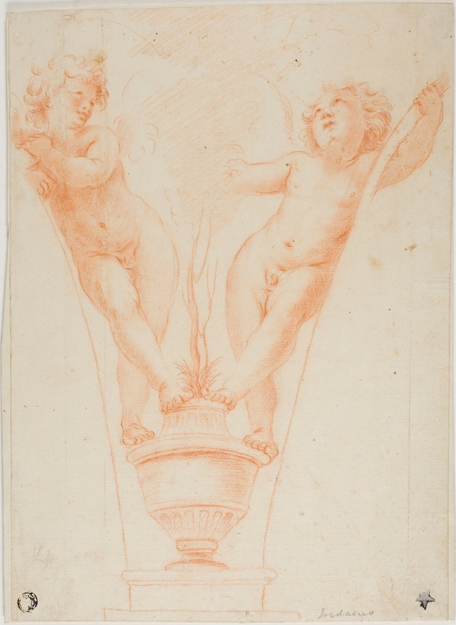 Dois Putti com vaso de plantas de Guido Reni