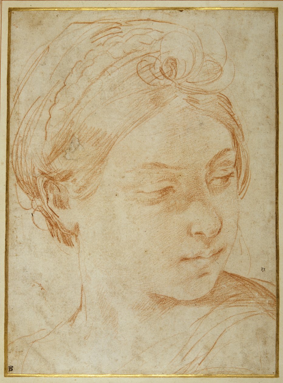 Cabeça de jovem mulher, virada para olhar por cima do seu ombro esquerdo (giz vermelho sobre papel branco) de Guido Reni