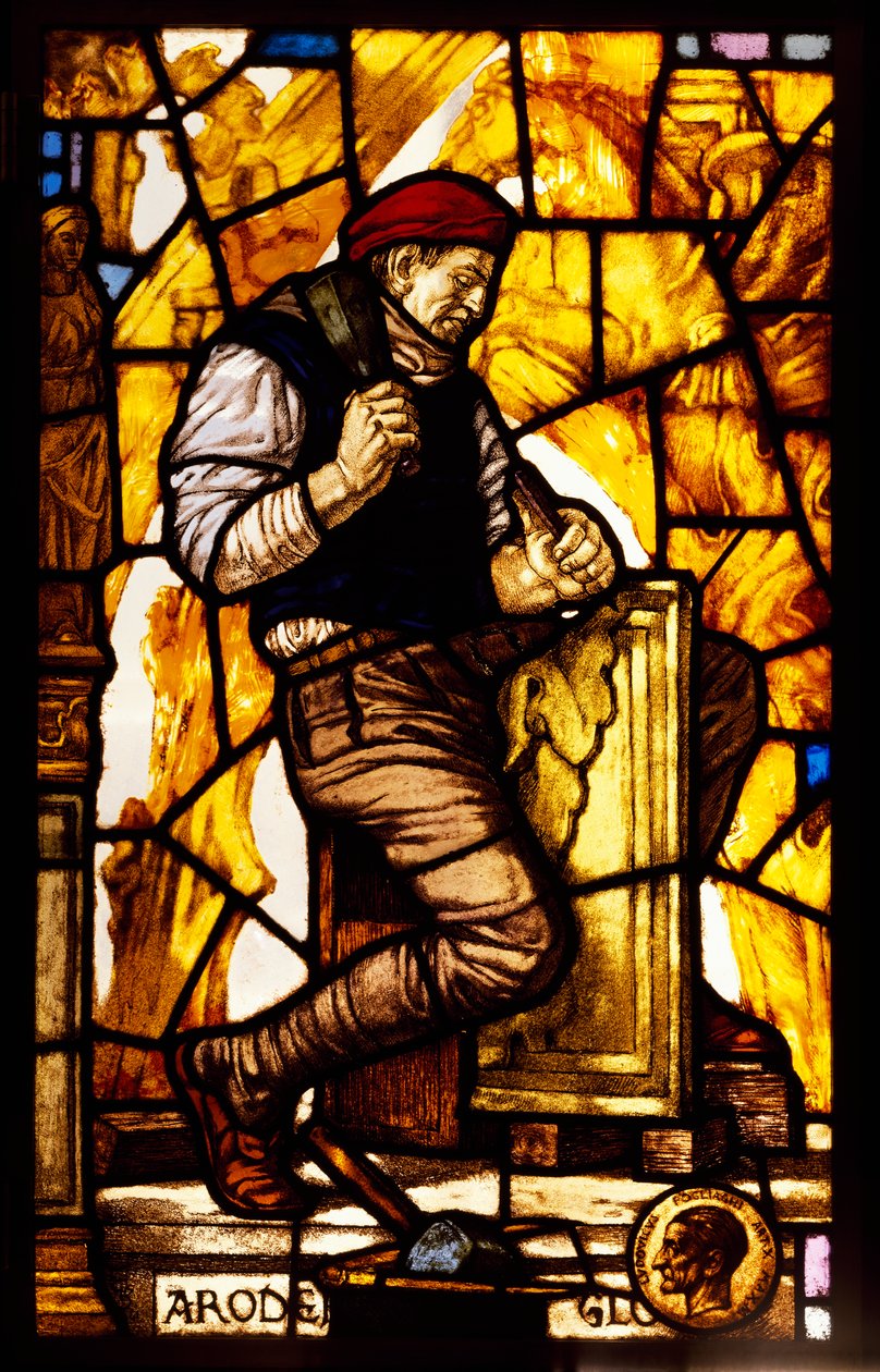 Painel de um vitral que representa um pedreiro (vitral) de Guido Zuccaro
