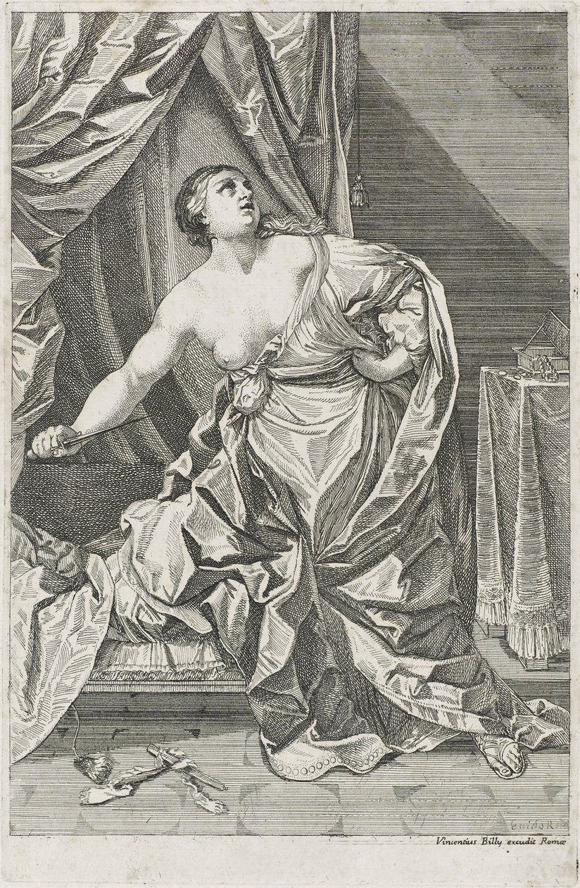 Morte de Lucretia, c. 1700-50 possivelmente Antonio Billy (primeira metade ativa do século XVIII) (gravura sobre papel) de Guido after Reni