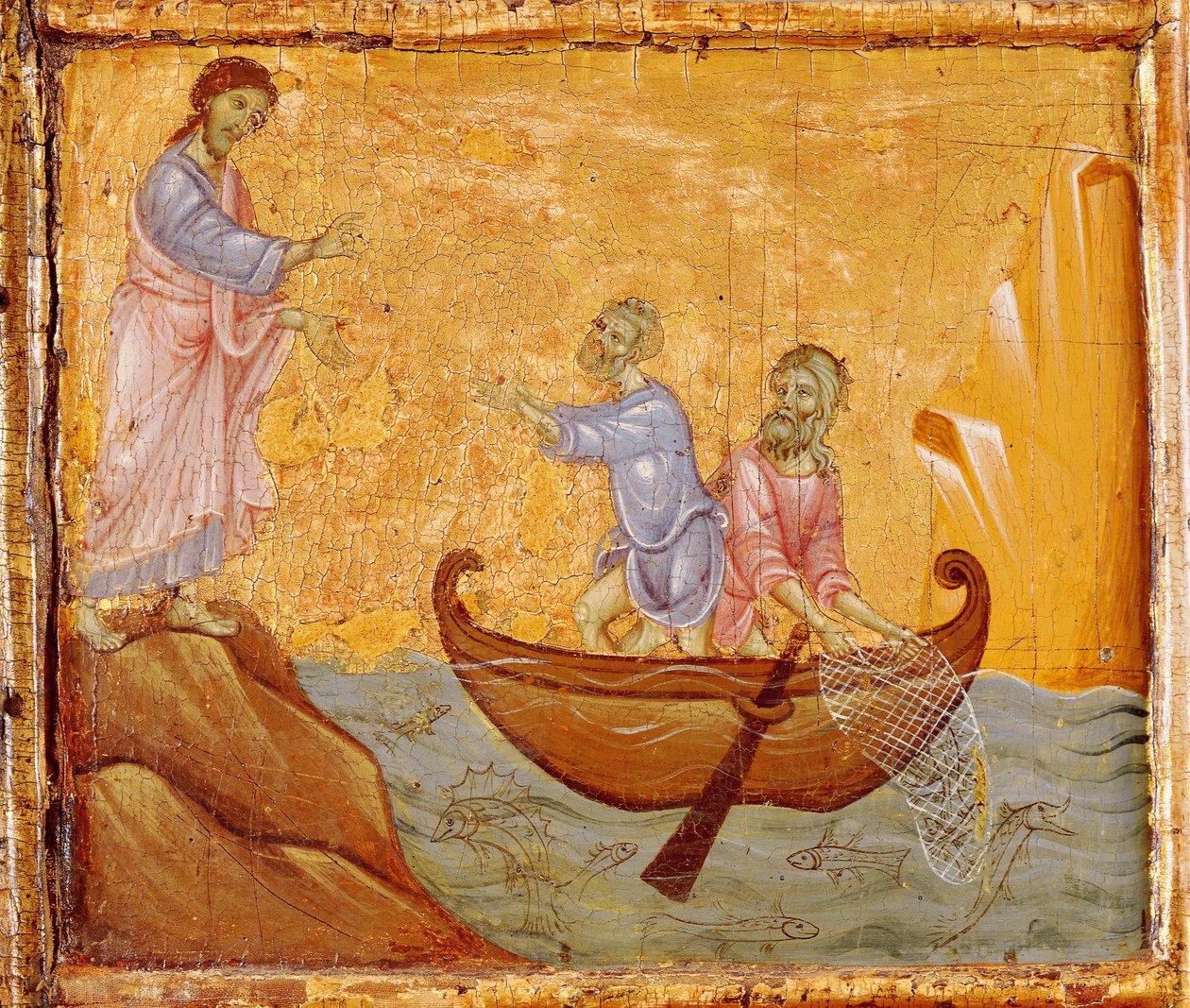 Captura milagrosa de peixe, detalhe do Antependium de São Pedro Entronizado por Guido da Siena (cerca de 1250 -1300), tempera e ouro sobre madeira de Guido da Siena