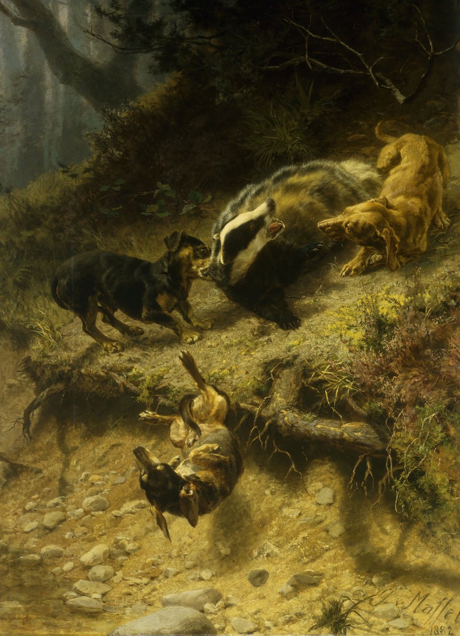 Dachshunds em um texugo, 1882 de Guido von Maffei
