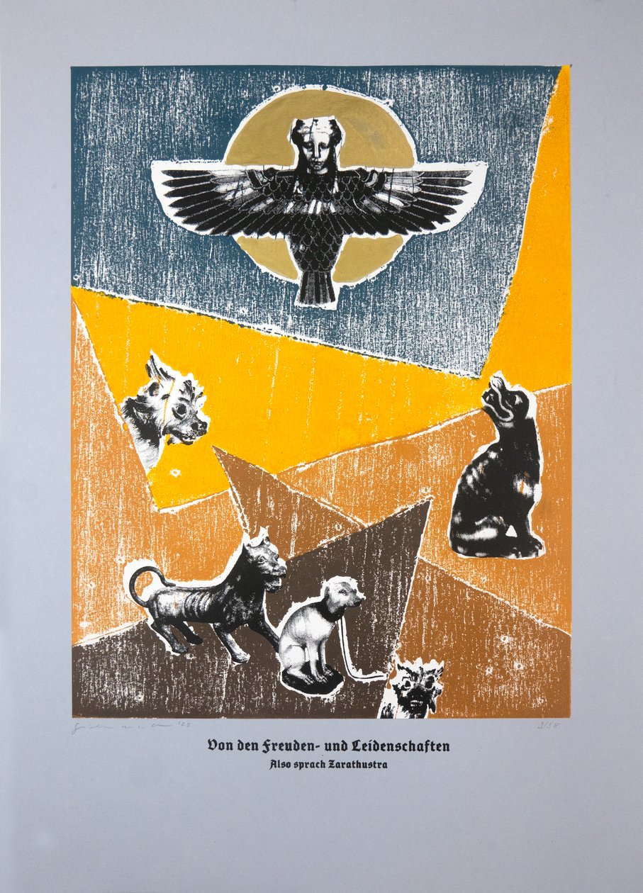 Sobre o gozo e o sofrimento das paixões, Assim falou Zaratustra, 2023 (xilogravura e serigrafia) de Guilherme Pontes