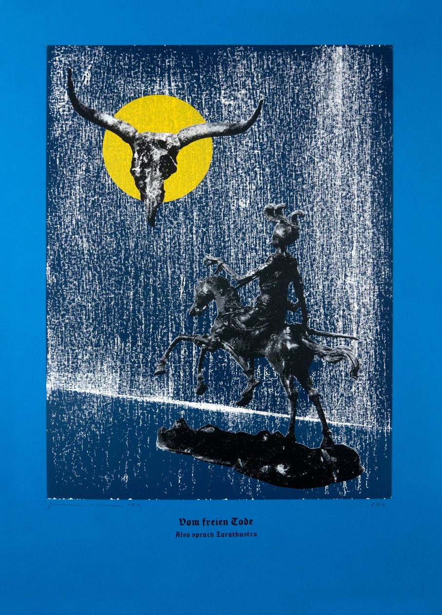 Sobre a morte livre, Assim falou Zaratustra, 2024 (xilogravura e serigrafia) de Guilherme Pontes