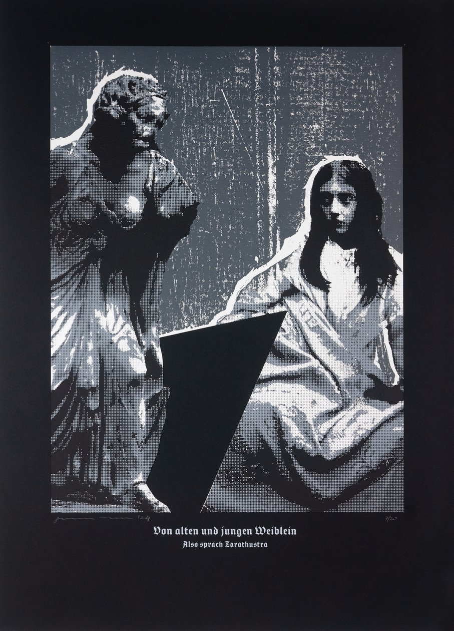 Sobre as mulheres velhas e jovens, Assim falou Zaratustra, 2024 (xilogravura e serigrafia) de Guilherme Pontes