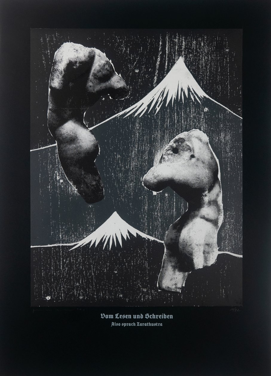 Sobre a leitura e a escrita (preto), Assim falou Zaratustra, 2023 (xilogravura e serigrafia) de Guilherme Pontes