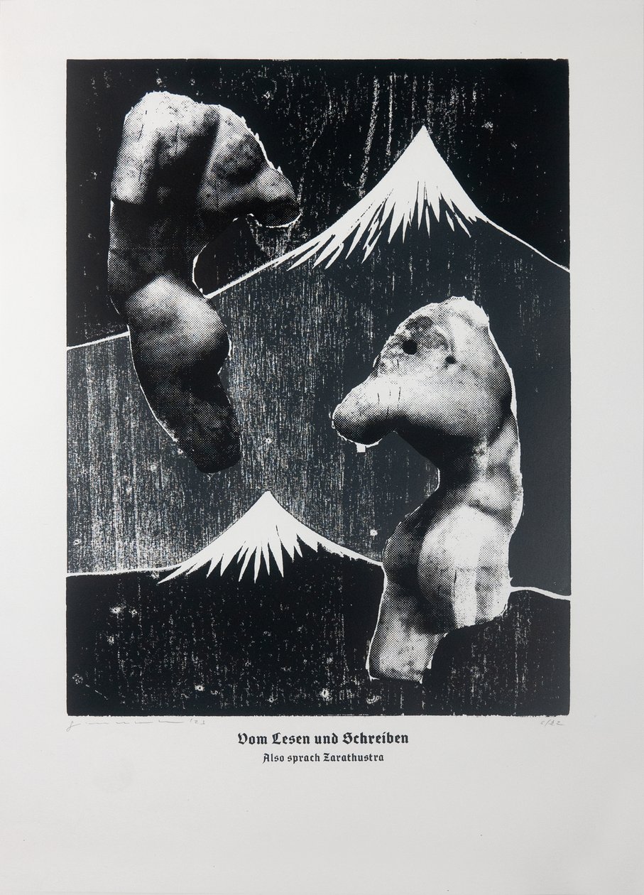 Sobre a leitura e a escrita (branco), Assim falou Zaratustra, 2023 (xilogravura e serigrafia) de Guilherme Pontes