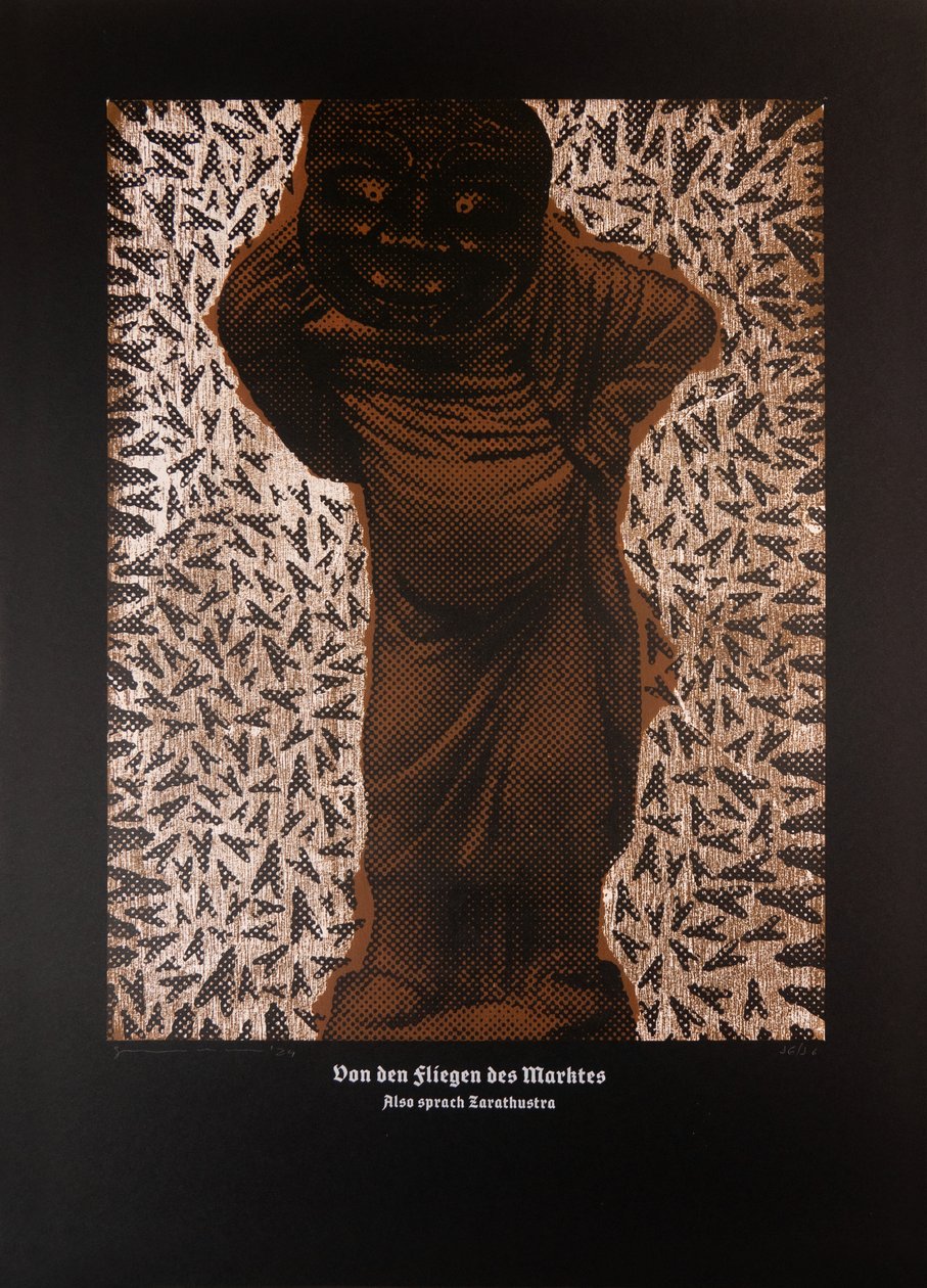Sobre as moscas do mercado, Assim falou Zaratustra, 2024 (xilogravura e serigrafia) de Guilherme Pontes