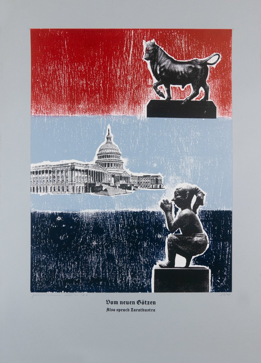 Sobre o novo ídolo, Assim falou Zaratustra, 2024 (xilogravura e serigrafia) de Guilherme Pontes