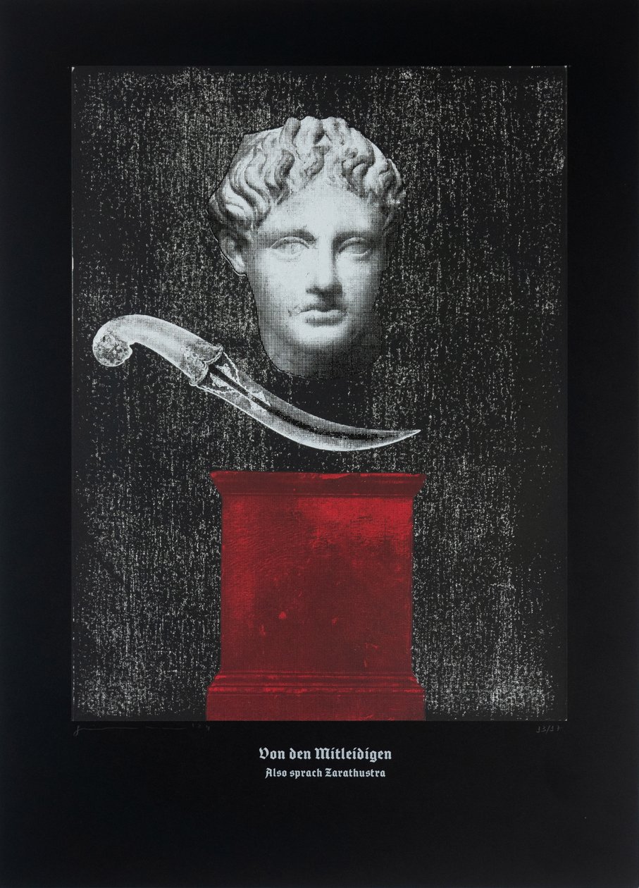 Sobre a Piedade, Assim Falou Zaratustra, 2024 (xilogravura e serigrafia) de Guilherme Pontes