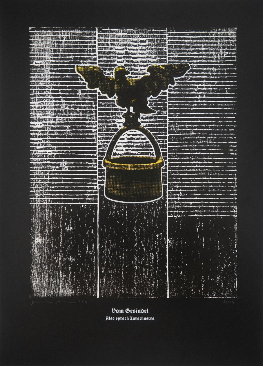 On The Rabble, Thus Spoke Zarathustra, 2024 (xilogravura e serigrafia) de Guilherme Pontes