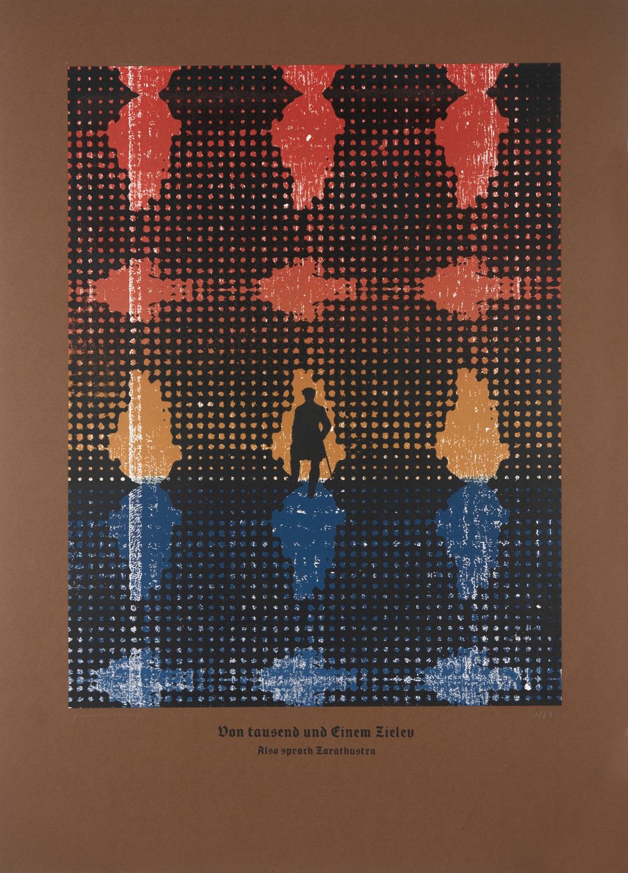 Sobre os Mil e Um Objectivos, Assim Falou Zaratustra, 2024 (xilogravura e serigrafia) de Guilherme Pontes