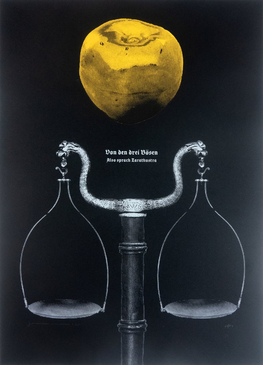 Sobre os Três Males, Assim Falou Zaratustra, 2025 (xilogravura e serigrafia) de Guilherme Pontes