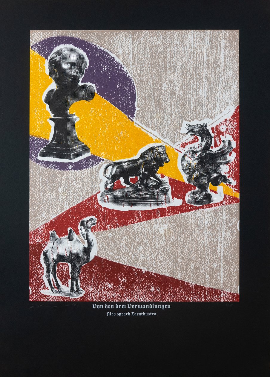 Sobre As Três Metamorfoses, Assim Falou Zaratustra, 2022 (xilogravura e serigrafia) de Guilherme Pontes