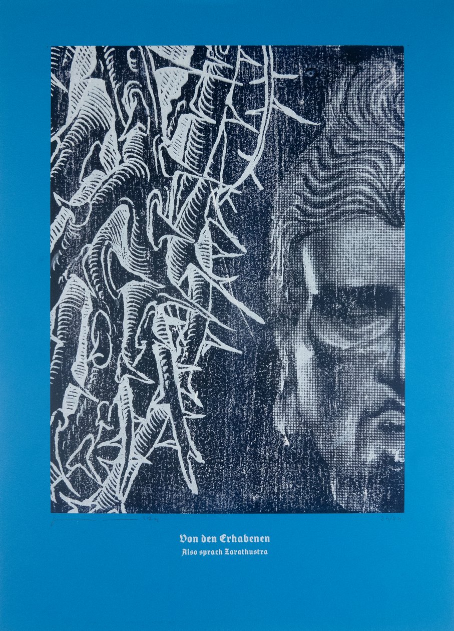 Sobre aqueles que são sublimes, Assim falou Zaratustra, 2024 (xilogravura e serigrafia) de Guilherme Pontes