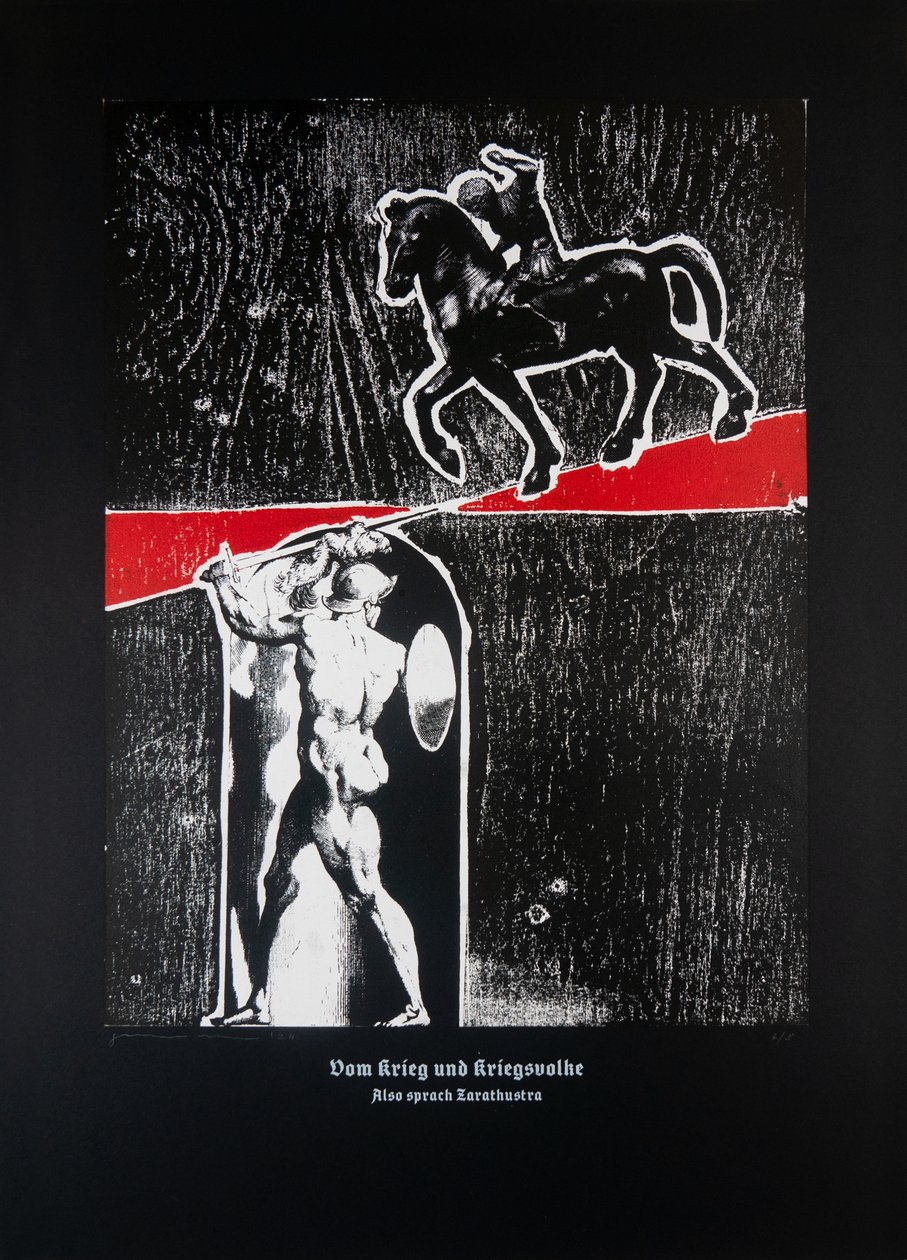Sobre a guerra e os guerreiros (preto), Assim falou Zaratustra, 2024 (xilogravura e serigrafia) de Guilherme Pontes